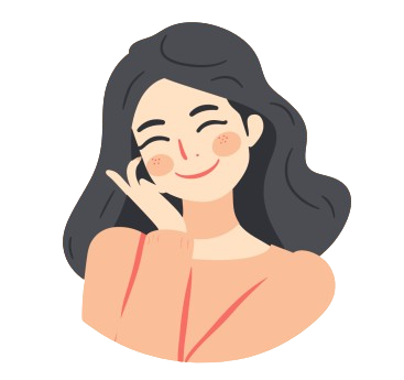 Illustration of a smiling woman with long dark hair and rosy cheeks, wearing a peach colored top