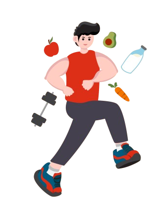 Illustration of a man exercising with healthy food icons like apple, avocado, milk, carrot, and dumbbell around him