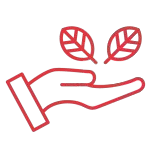 Red icon of a hand holding two leaves inside a white circle