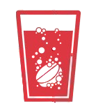 Red icon of a glass with bubbles and a tablet inside a white circle