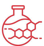 Red icon of a scientific flask with molecular structure inside a white circle